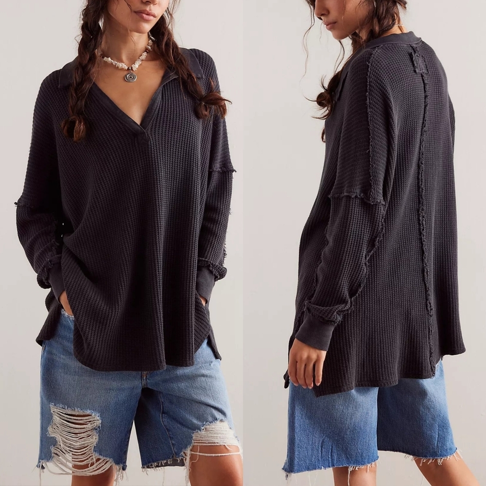 Free People We the Free Travis Oversize Waffle Knit Thermal Polo in Charcoal